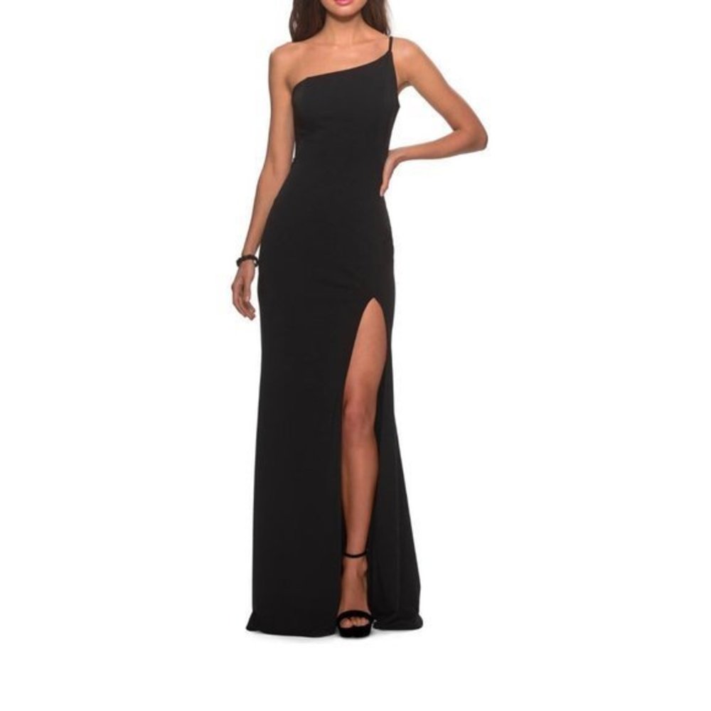 NWOT La Femme One-Shoulder black Jersey Gown size 8